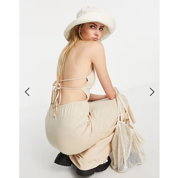 Asos Design Halter Midi Dress Open Back Size 8 Tan Strappy Tie Back Cut Out New - Picture 4 of 12